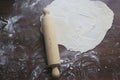 Fresh unbaked dough with rolling pin