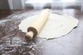 Fresh unbaked dough with rolling pin