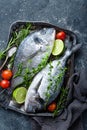 Fresh uncooked Dorado fish or sea bream with ingredients for cooking on dark background