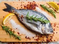 Fresh uncooked dorado or sea bream fish with lemon slices, spices, herbs and rosemary on cutting board. Royalty Free Stock Photo