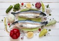 Fresh uncooked fish on green plate with lemon, top view