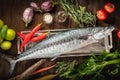 Fresh uncooked fish on rustic wooden board