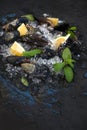 Fresh uncooked mussels with lemon, herbs and spices on chipped ice over dark slate stone backdrop Royalty Free Stock Photo