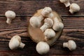 Fresh Uncooked Organic Button Mushrooms in a wooden tray