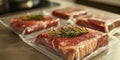 Fresh vacuum sealed raw meat with rosemary on top in a kitchen setting, AI Generative Royalty Free Stock Photo