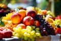 Fresh variety fruits on the market are sold displayed on the counter. Neatly laid out healthy fruits.