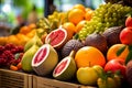 Fresh variety fruits on the market are sold displayed on the counter. Neatly laid out healthy fruits.