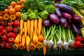 Fresh variety vegetables on the market are sold displayed on the counter. Neatly laid out healthy vegetables. Close-up