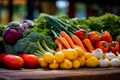 Fresh variety vegetables on the market are sold displayed on the counter. Neatly laid out healthy vegetables.