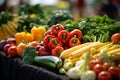 Fresh variety vegetables on the market are sold displayed on the counter. Neatly laid out healthy vegetables.