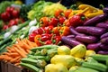 Fresh variety vegetables on the market are sold displayed on the counter. Neatly laid out healthy vegetables.