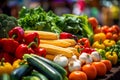 Fresh variety vegetables on the market are sold displayed on the counter. Neatly laid out healthy vegetables.