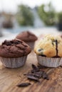 Various muffin on a wooden table