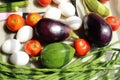 Fresh various raw organic vegetables with white eggs display for healthy and diet background.