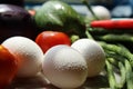 Fresh various raw organic vegetables with white eggs display for healthy and diet background.