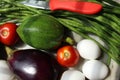 Fresh various raw organic vegetables with white eggs display for healthy and diet background.