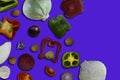 Fresh Various Vegetables, Cabbage, Beets, Peppers, Tomatoes, Onions and Garlic Isolated on Purple Background. Mixed Vegetables Royalty Free Stock Photo