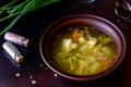 Fresh vegan soup with broccoli, cauliflower, asparagus and carrots Royalty Free Stock Photo