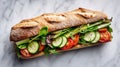 Fresh vegetable baguette sandwich is presented on a white marble background Royalty Free Stock Photo