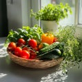 Fresh vegetable basket with tomatoes, cucumbers, herbs, and bell pepper by sunlit window Royalty Free Stock Photo