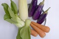 Fresh vegetable of eggplant, carrot, mustard pakcoy, and raw corn in the glass bowl