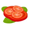 Fresh vegetable icon isometric vector. Red fresh tomato slice and spinach leaf