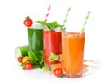 Fresh vegetable juices. Tomato, cucumber, carrot Royalty Free Stock Photo