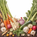 Fresh vegetable medley carrot, garlic, kohlrabi, onion, celery, cucumber, parsnip, radish Royalty Free Stock Photo