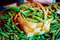 Fresh Vegetable Organic Green Beans In Decorative Wicker Basket. Royalty Free Stock Photo