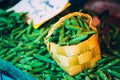 Fresh Vegetable Organic Green Beans In Decorative Wicker Basket. Royalty Free Stock Photo