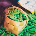 Fresh Vegetable Organic Green Beans In Wicker Basket. Royalty Free Stock Photo