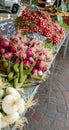 Fresh summer seasonal vegetable produce on market stall