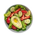 Fresh vegetable salad with avocado, lettuce leaves, tomato, cucumber and sesame and chia seeds in a bowl isolated on a white Royalty Free Stock Photo