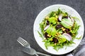 Fresh vegetable salad with beets, arugula, red onion, sorrel in a white plate on a black background. Top view Royalty Free Stock Photo