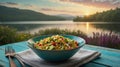 Colorful Corn and Avocado Salad with Tomato and Onion on Outdoor Table at Sunset Royalty Free Stock Photo