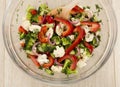 Fresh vegetable salad with broccoli, cauliflower, marinated cucumbers, marinated red onions, sweet red pepper and dill. Raw food.