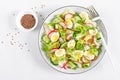 Fresh vegetable salad with cucumber, radish, lettuce and boiled eggs. Helathy food. Top view