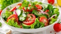 Fresh vegetable salad with cucumbers, tomatoes, onions and lettuce in white bowl. AI Generated Royalty Free Stock Photo