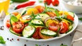 Fresh vegetable salad with cucumbers, tomatoes, onions and lettuce on white table. AI Generated Royalty Free Stock Photo