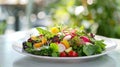 Fresh vegetable salad with cucumbers, tomatoes, onions and lettuce on white table. AI Generated Royalty Free Stock Photo