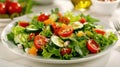 Fresh vegetable salad with cucumbers, tomatoes, onions and lettuce on white table at restaurant. AI Generated Royalty Free Stock Photo