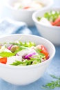 Fresh vegetable salad with feta cheese and olives in white bowl Royalty Free Stock Photo