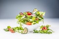 Fresh vegetable salad with fried bacon tomatoes olives arugula zucchini tzatziki dressing and olive oil Royalty Free Stock Photo