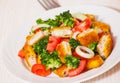 Fresh vegetable salad with fried breaded fish fillets Royalty Free Stock Photo