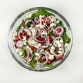 Fresh vegetable salad plate. Step 5 - feta cheese. Royalty Free Stock Photo