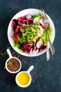 Fresh vegetable salad plate of tomatoes, italian mix, pepper, radish, green sprouts and flax seeds. Vegetarian dish, healthy food. Royalty Free Stock Photo