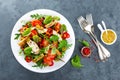 Fresh vegetable salad plate of tomatoes, spinach, pepper, arugula, chard leaves and grilled chicken breast. Fried chicken meat, fi Royalty Free Stock Photo