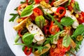 Fresh vegetable salad plate of tomatoes, spinach, pepper, arugula, chard leaves and grilled chicken breast. Fried chicken meat, fi Royalty Free Stock Photo