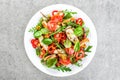 Fresh vegetable salad plate of tomatoes, spinach, pepper, arugula, chard leaves and grilled chicken breast. Fried chicken meat, fi