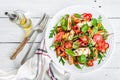 Fresh vegetable salad plate of tomatoes, spinach, pepper, arugula, chard leaves and grilled chicken breast. Fried chicken meat, fi Royalty Free Stock Photo